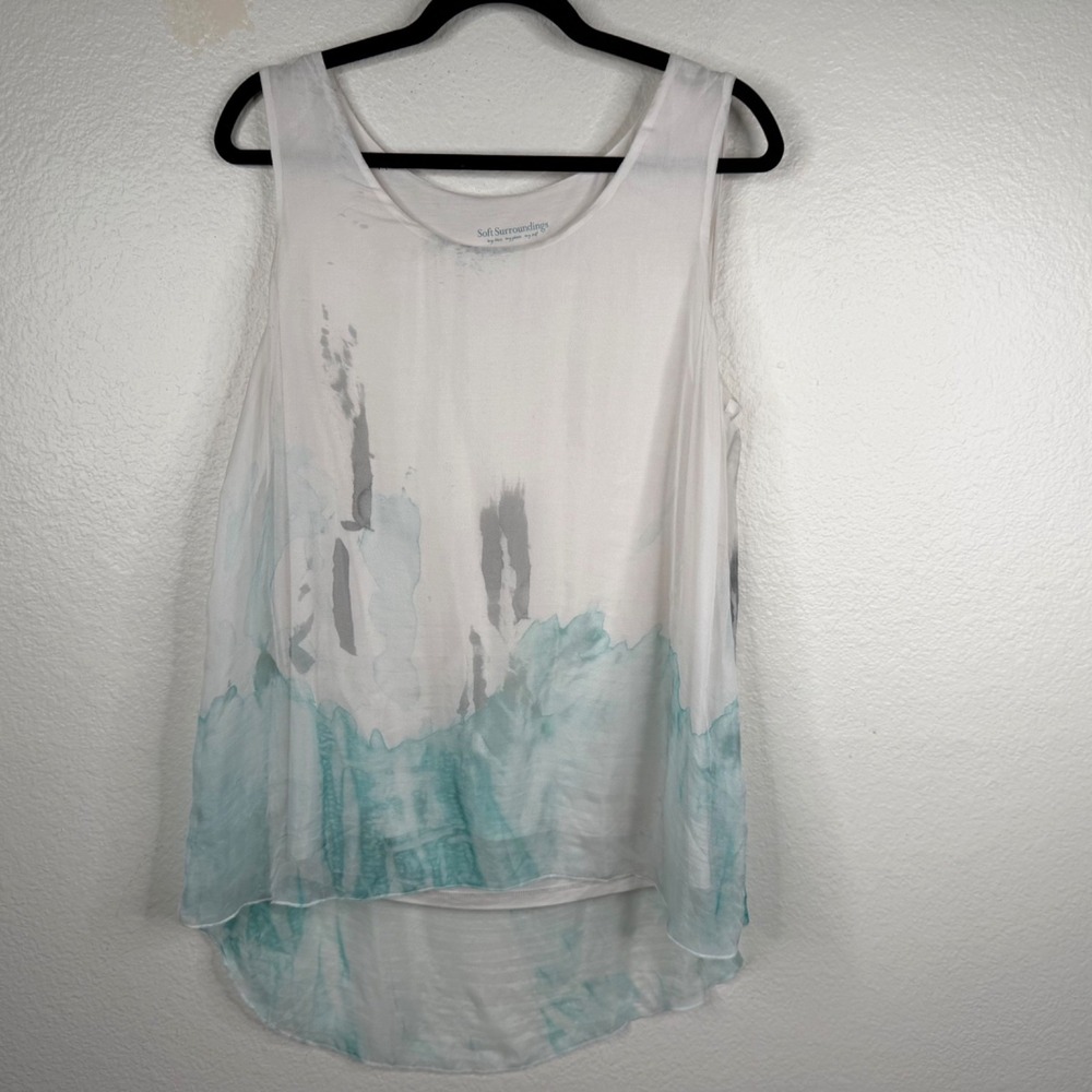 Soft Surroundings Women's Top White Blue Sz PM Silk Watercolor Artsy Coastal